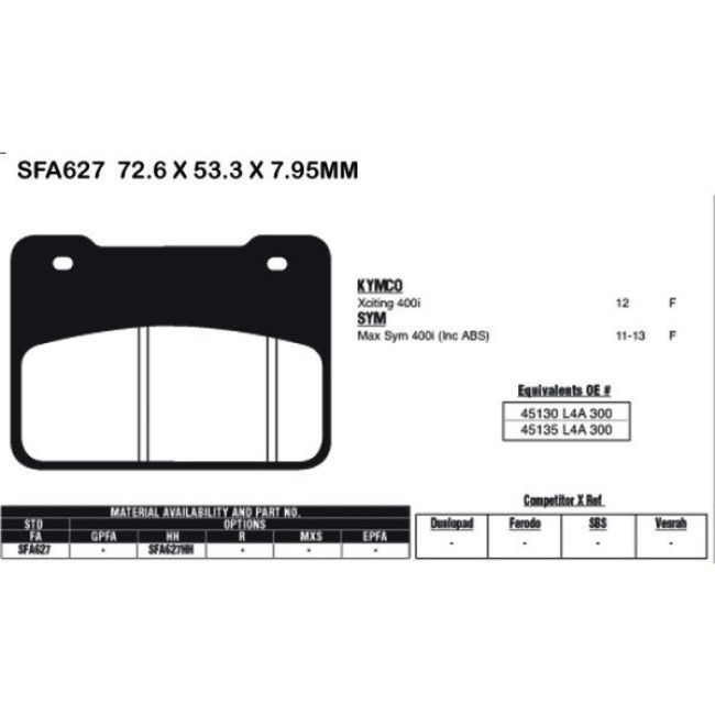 Τακάκια Φρένων Premier P457SC (FA627) για SYM Maxsym / Joyride